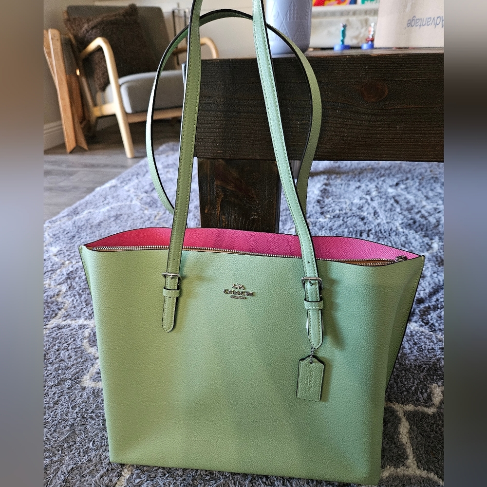 Coach Green Leather Tote with Pink Interior